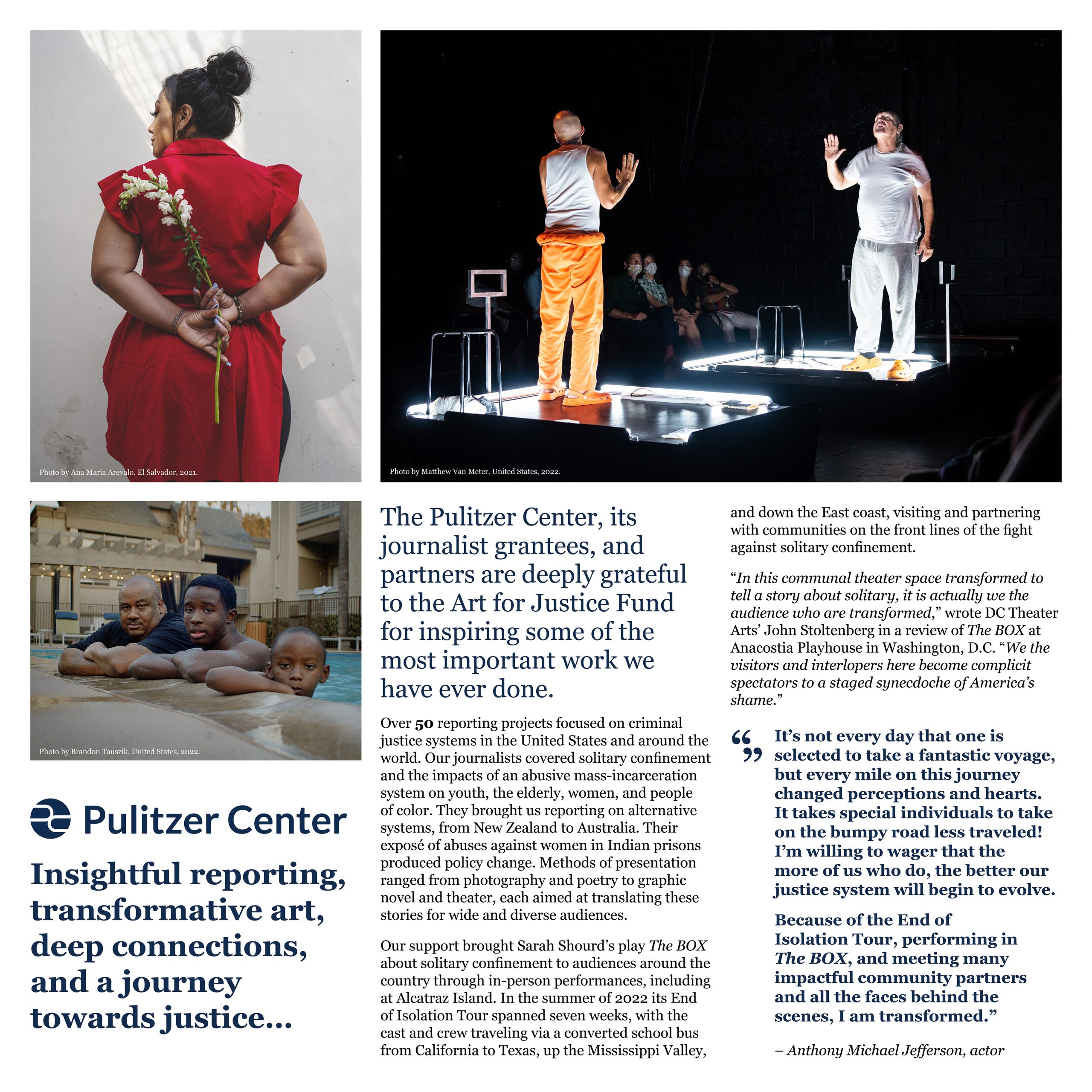 A graphic letter includes text from the Pulitzer Center expressing gratiftude to Art for Justice, with three photographs in highlight boxes: one of two actors in prison clothing in a performace of Sarah Shourd's 