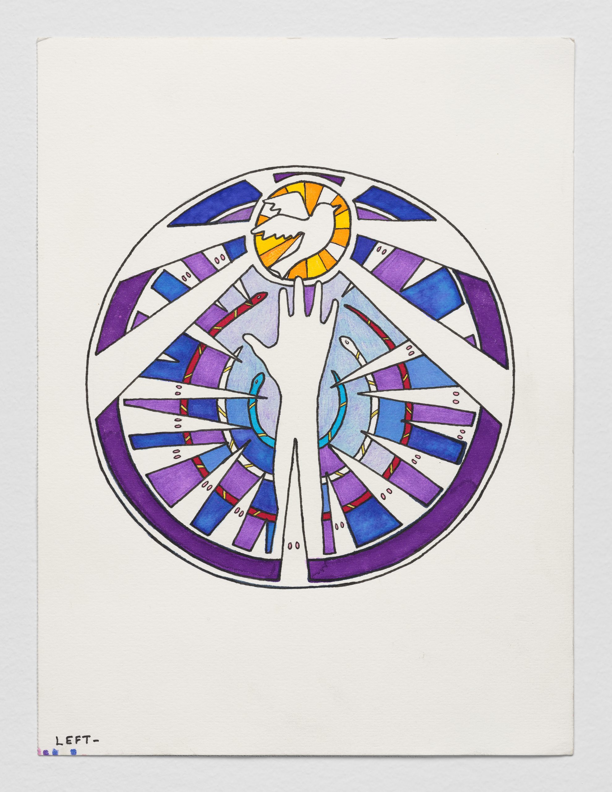 A dove in a yellow circle at the top of a series of circular designs with a hand reaching up through the center in ink on white paper.