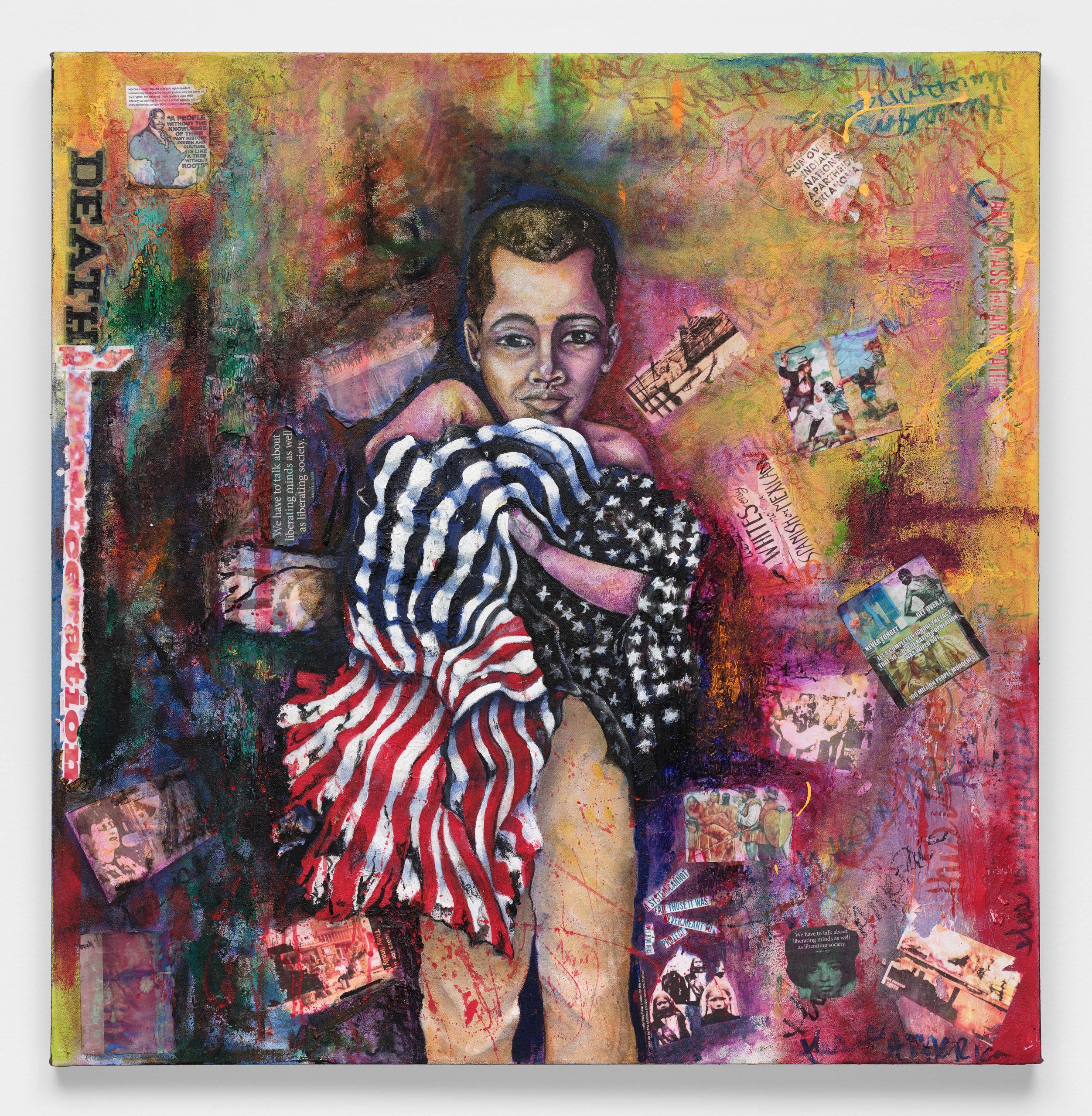 A boy with brown skin wrapped in an American flag stained with blood against a colorful backdrop with text and images about racist violence in America, in mixed media.
