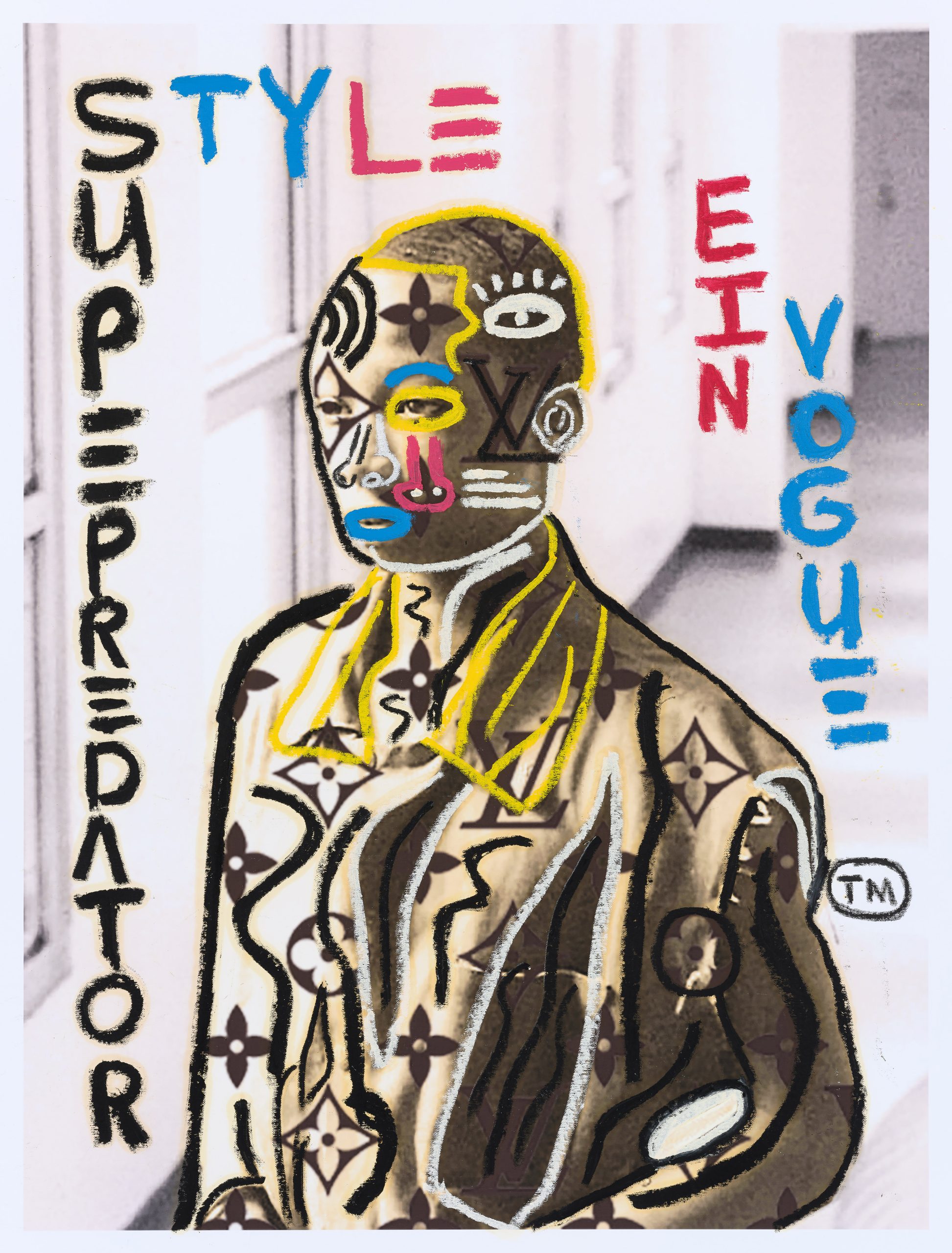 A photographic image of a Black youth, the artist Halim Flowers, at age 16 in DC Jail, overlaid with colorful lines and symbols from designer fashion brands, with the brightly colored words 