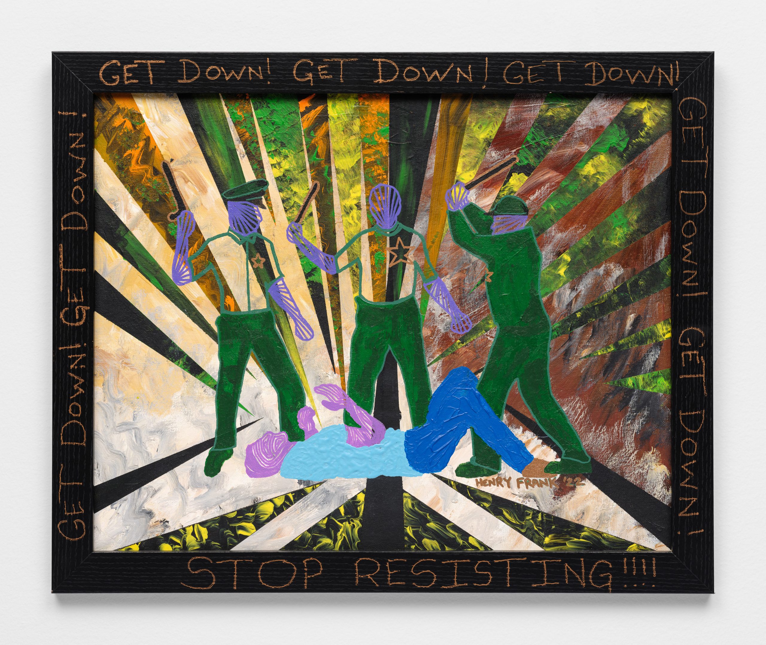 A male figure lying with his hands up surrounded by figures of police beating him with batons, against a background of bright rays of color, in acrylic, with the words 