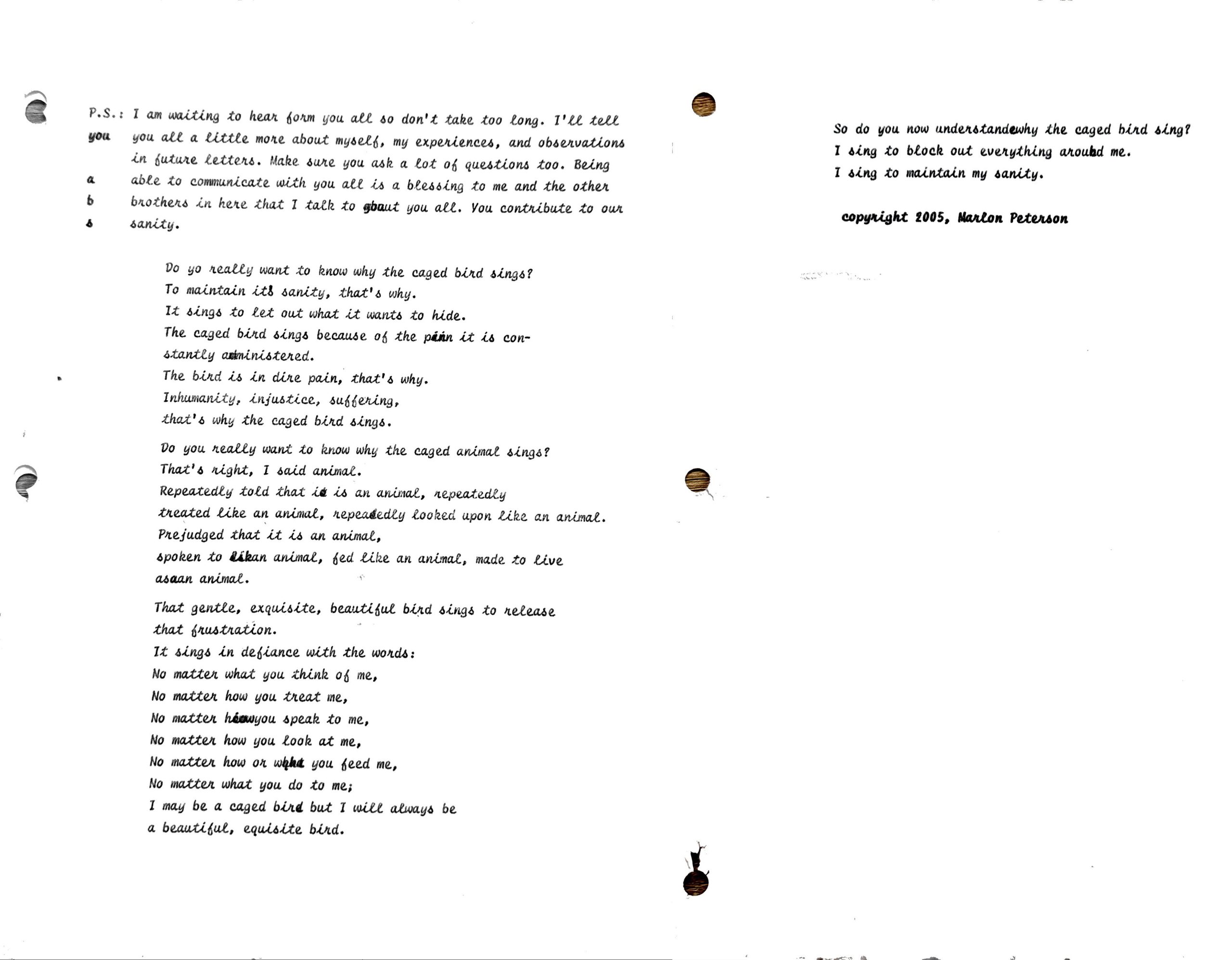 Typewritten poem by Marlon Peterson from his book Bird Uncaged: An Abolitionist's Freedom Song from 2005.