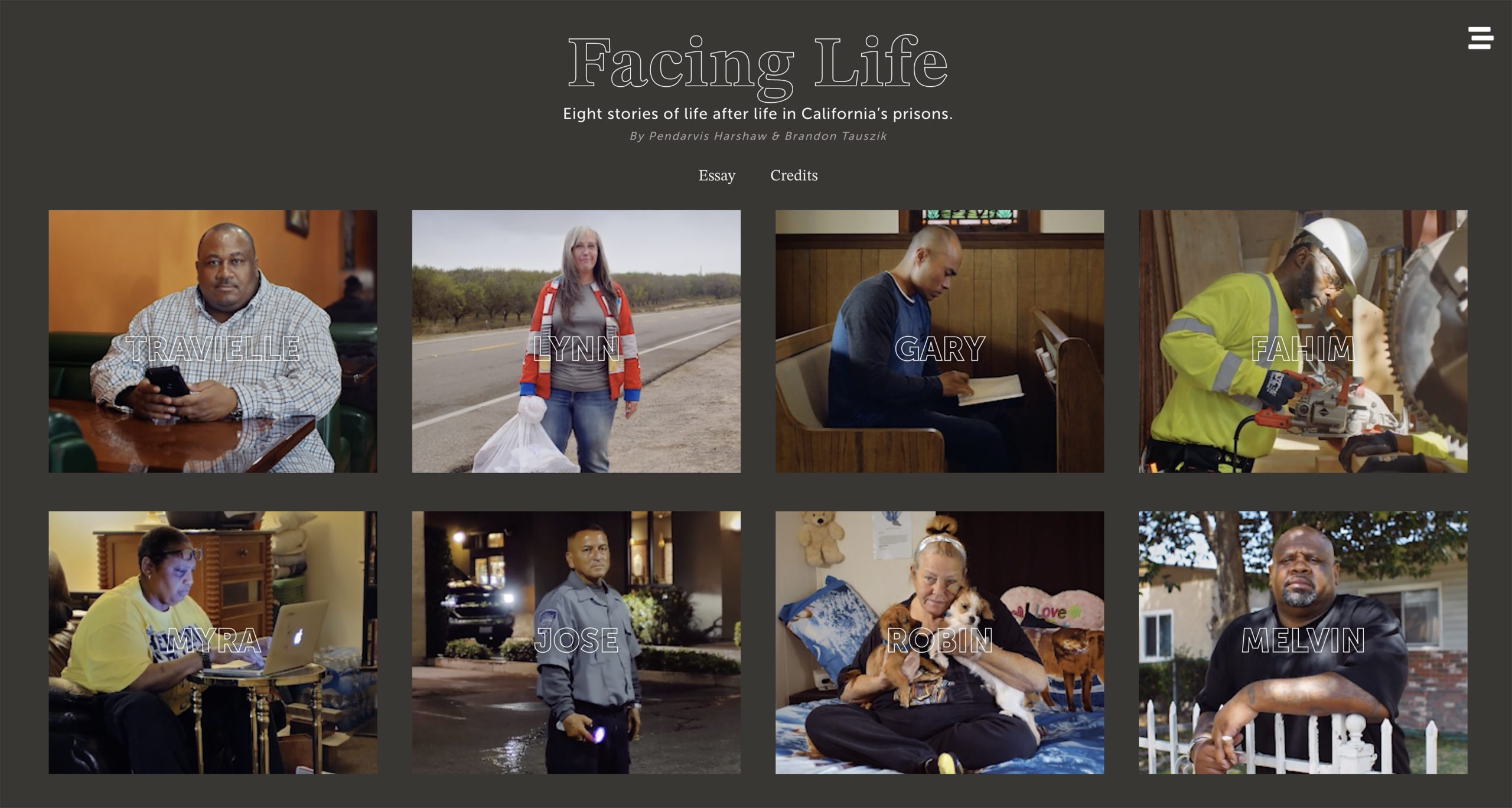 Screenshot of website for Facing Life with two rows of thumbnail photographs of people who have been released from incarceration with life sentences. The photographs show each in daily activities as they work to reintegrate after incarceration.