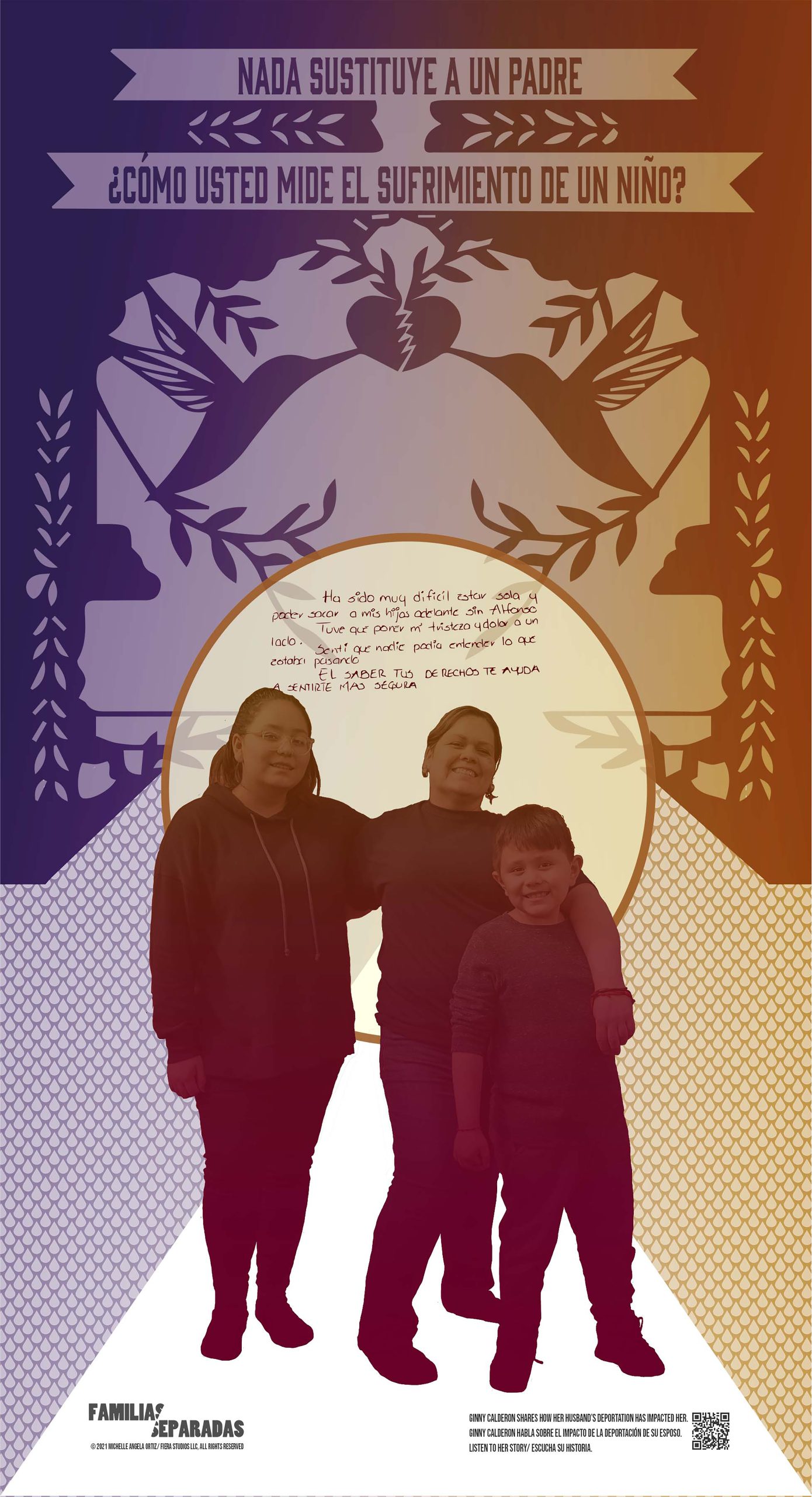 Poster: A poster of a portrait of Ginny Calderon standing with her arms around her son and daughter against a design suggesting a circle of light in front of a purple background. A banner over them reads, 