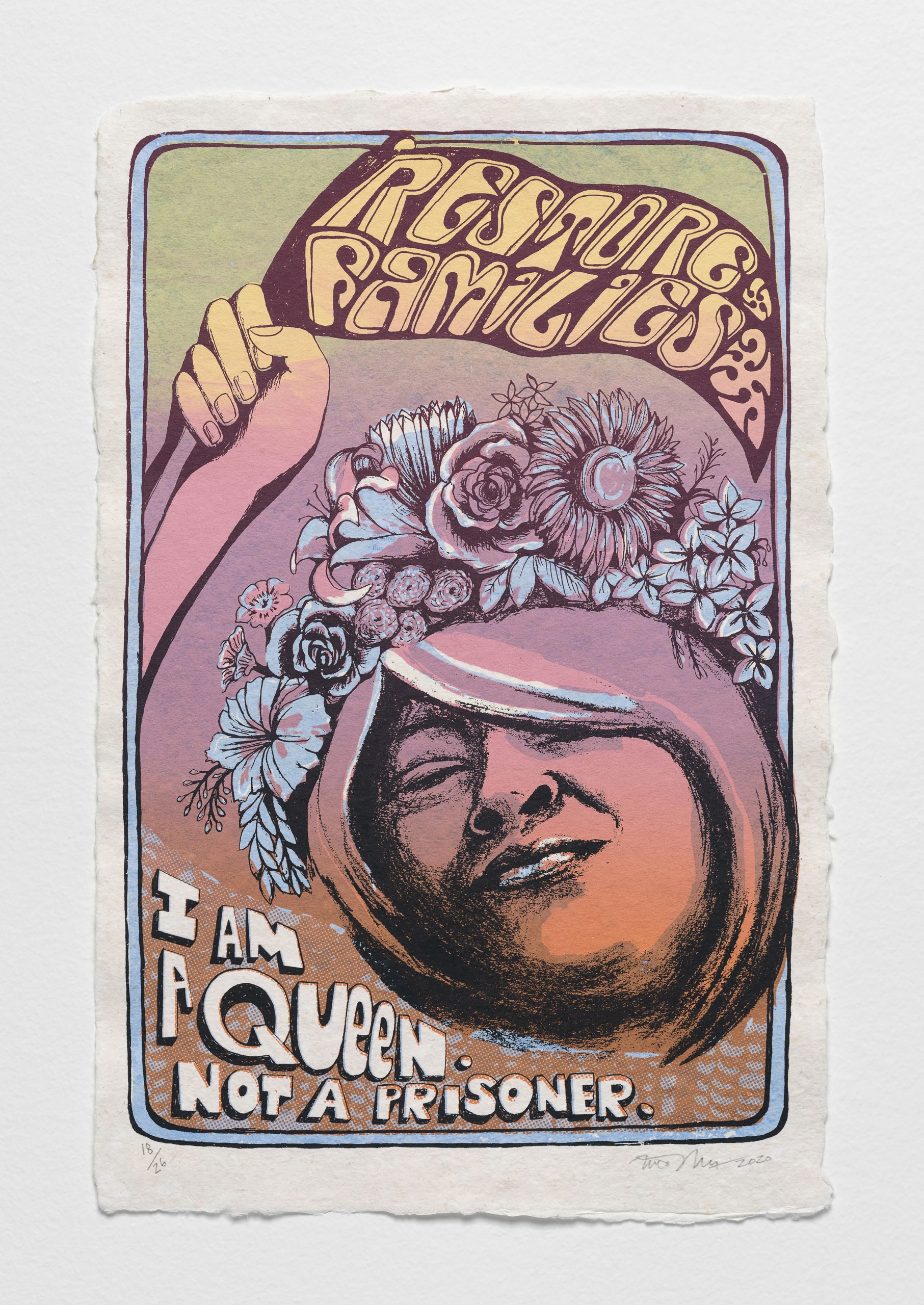 The smiling face of a woman wearing a crown of flowers, with her chin raised in an expression of strength, screen printed on paper made from criminal records. A banner she holds reads, 