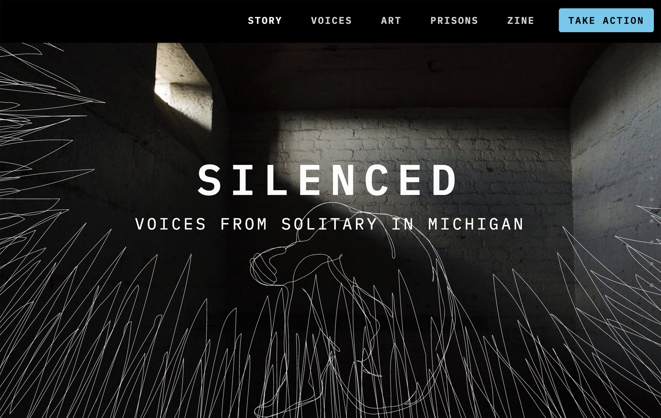 Screenshot of Silenced website shows a photograph of a solitary confinement cell with light coming into the darkness from a window above, and a digital illustration in white outline of a person in a seated position with head on knees, surrounded by white lines like static surrounding the figure. The words Silenced: Voices from Solitary in Michigan appear at the top.