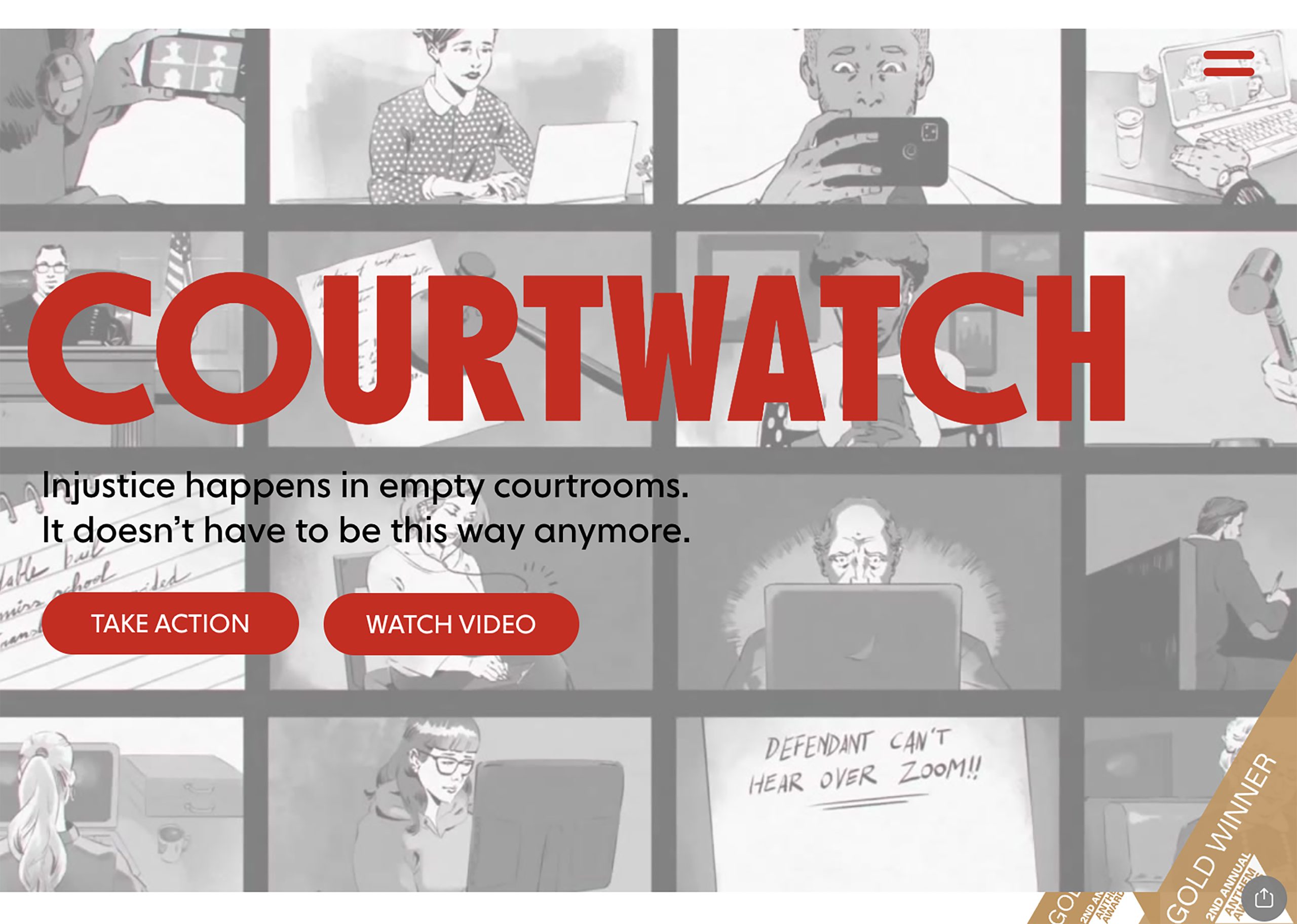 Screenshot of Court Watch website with a graphic-novel style panel illustration showing people watching court proceedings over video with the text Court Watch at the top, and the words: 