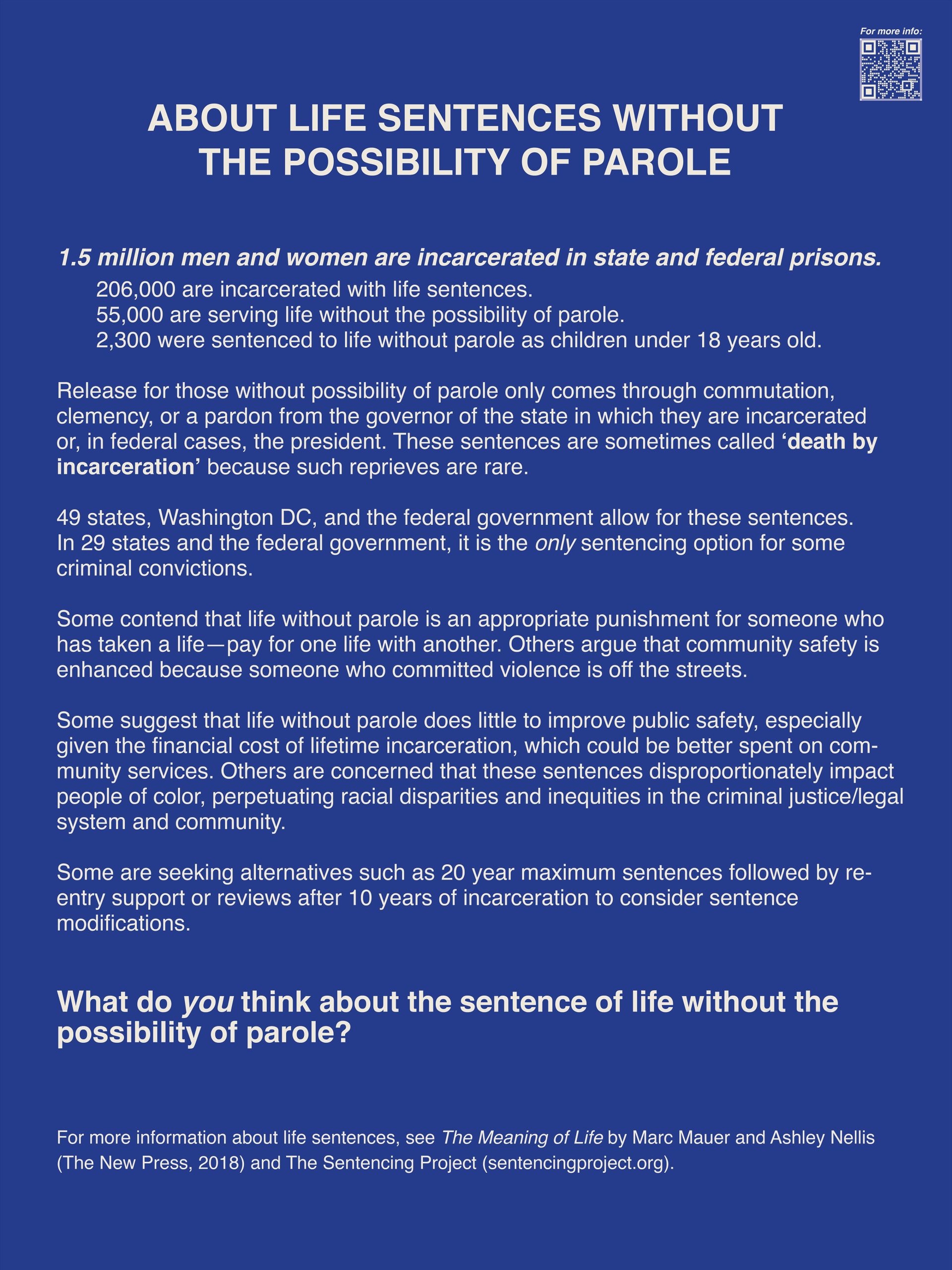 Text panel with white text against a blue background giving information about life sentences without the chance of parole.