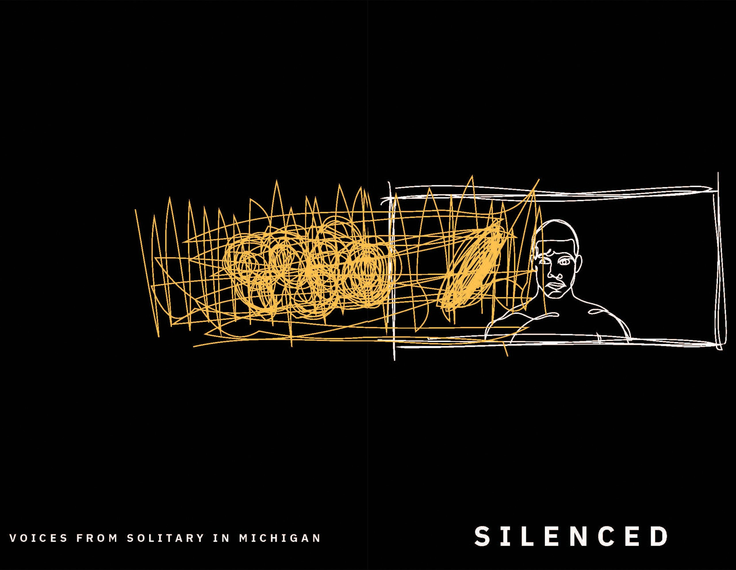 The cover of Silenced with a drawing against a black background showing, in white outline, a man's head and shoulders appearing within a rectangular box, beside a rectangular area of overlapping lines and circles in yellow. The words 