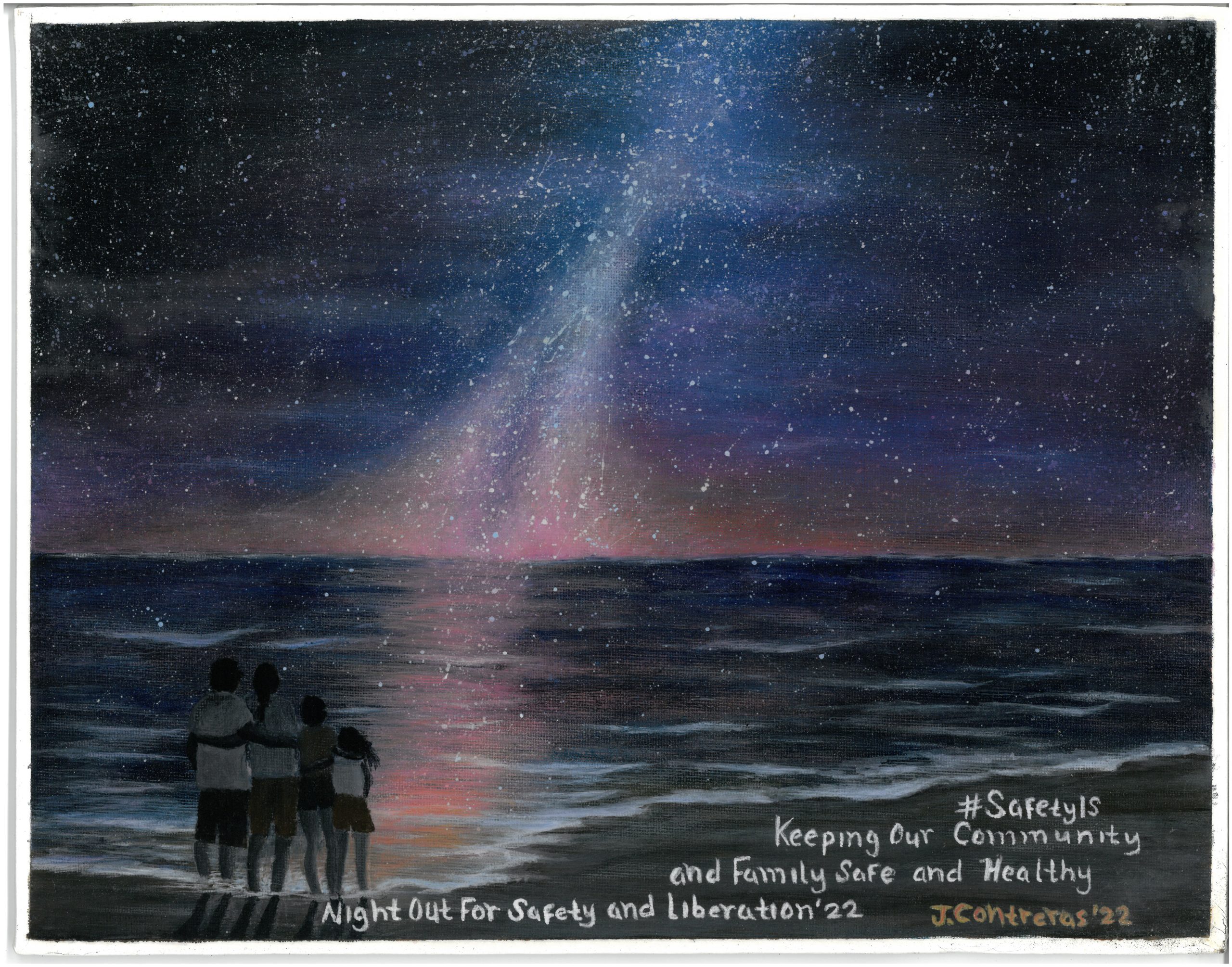 A family stands with arms around each others' shoulders on a shore looking out over the water at a starry nighttime sky suffused with glowing light, in oil on CDCR-paper.