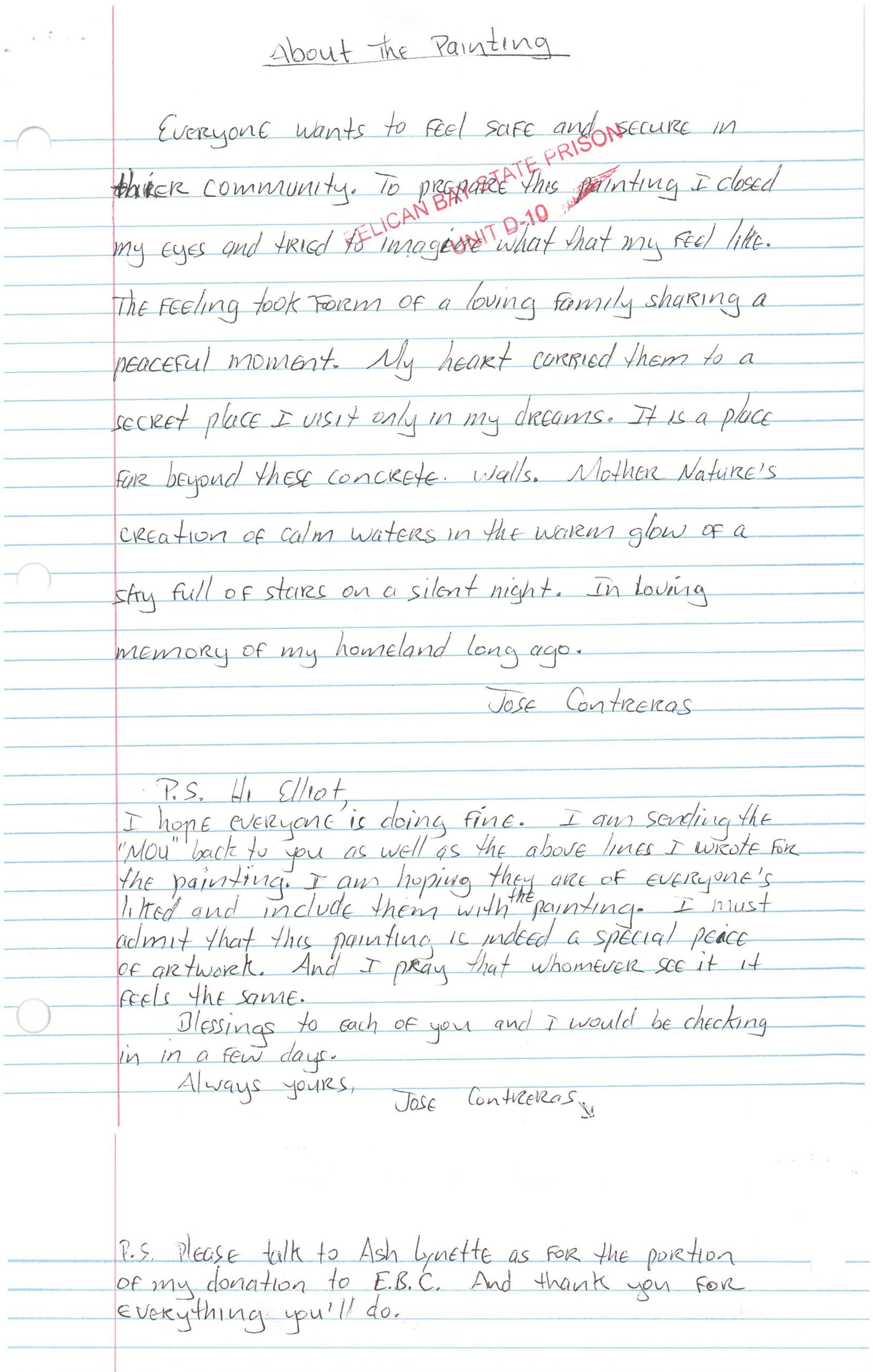 A handwritten letter from the artist describes the meaning of his untitled painting in relationship to his experience of incarceration in blue pen on lined paper.