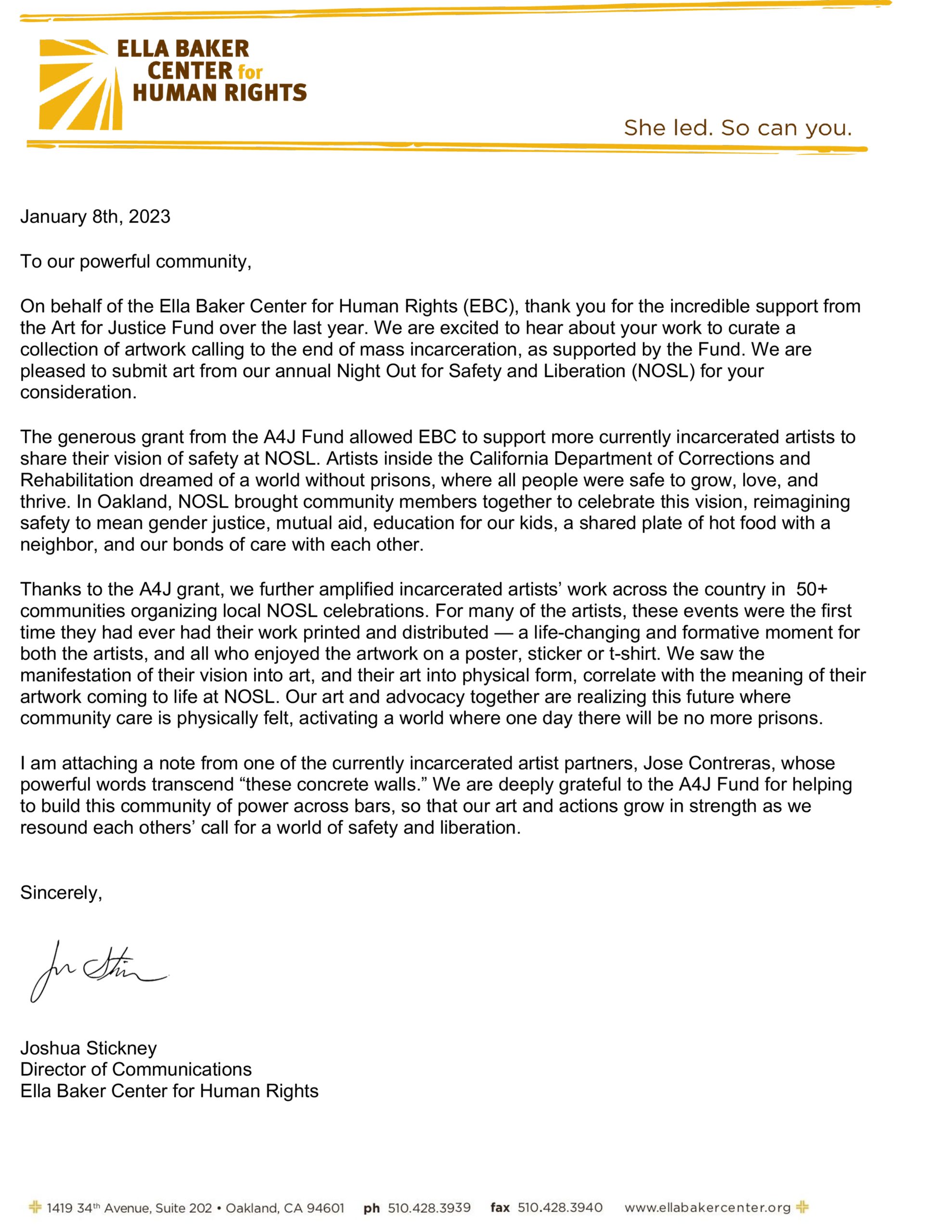A typed letter on Ella Baker Center for Human Rights letterhead with a yellow design at the top evoking rays of light across the top, with the text 