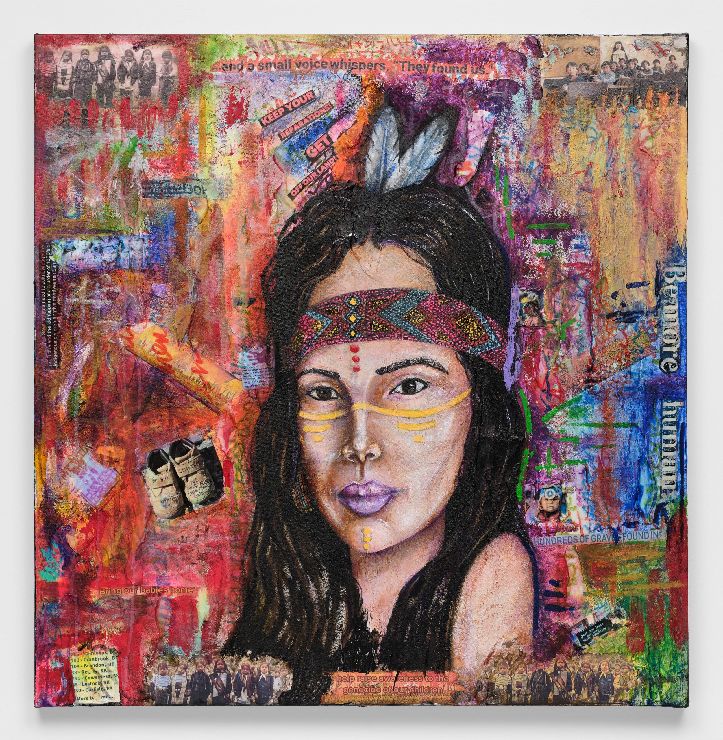 The face of an Indigenous woman wearing wearing a beaded handband and feathers in her hair appears before a multi-colored collage background with images and text on the genocide of Indigenous children, in mixed media.