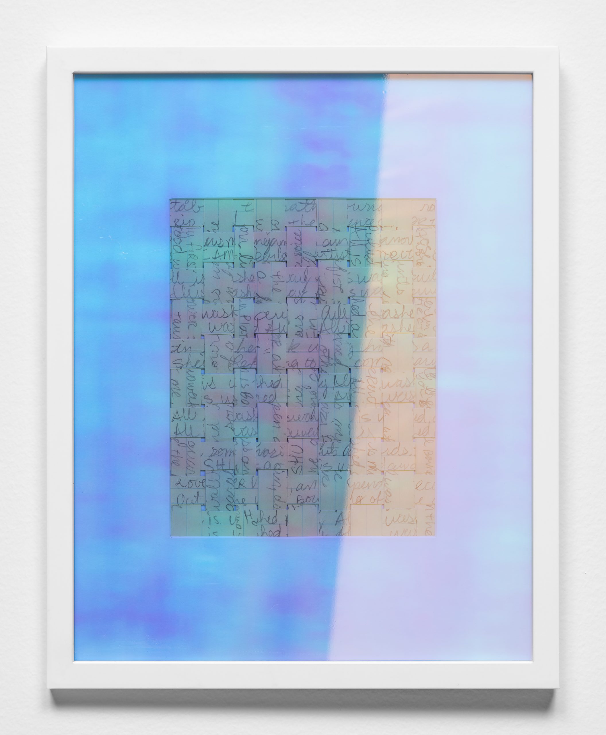Strips of a handwritten letter woven together in luminscent dichroic vinyl.