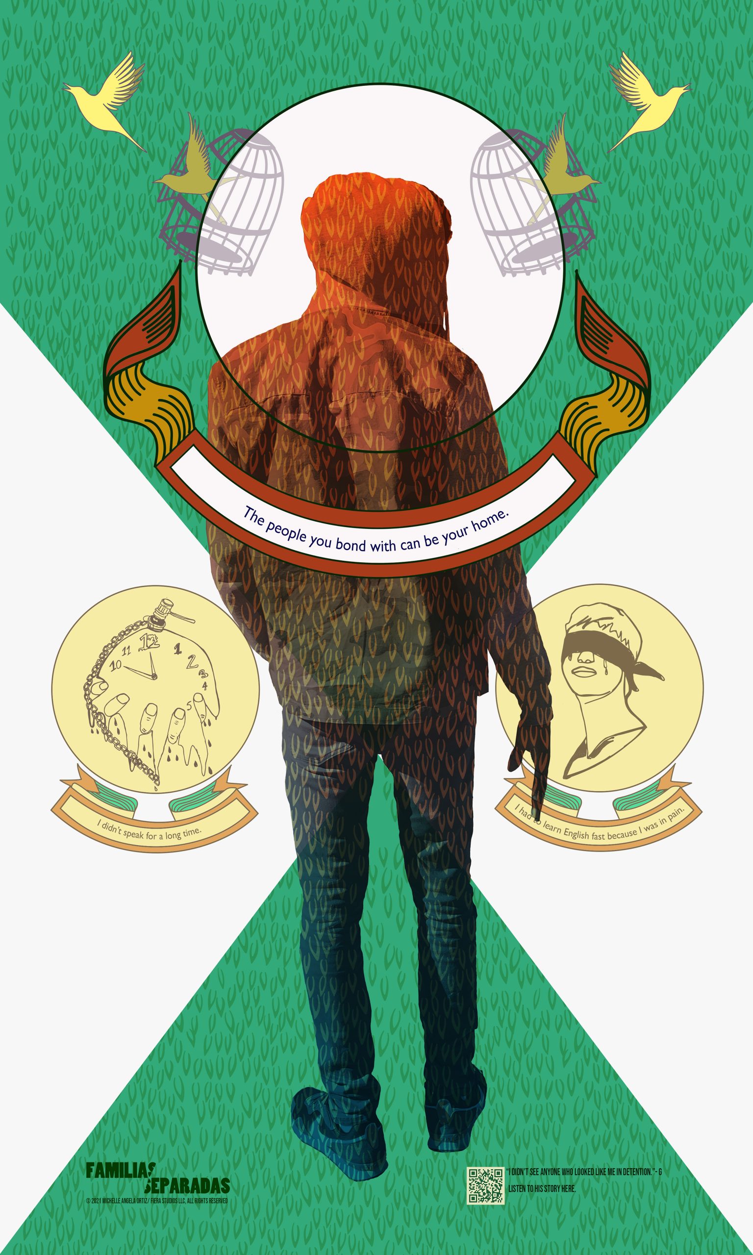 Poster: A poster of a portrait of G from behind in a red hooded jacket standing under a design showing birds flying out of cages, against a green and white background. A banner across his back reads, 
