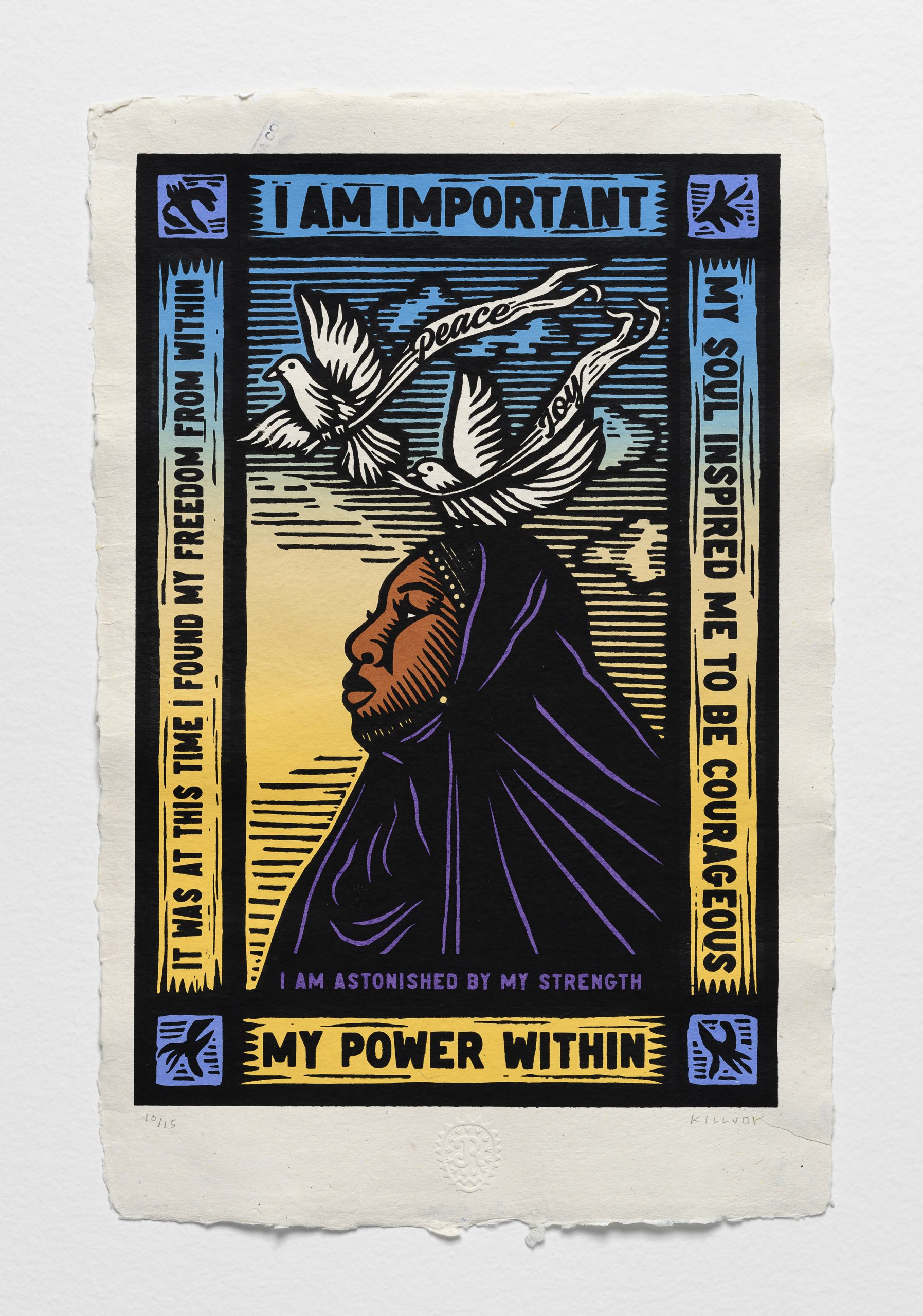 A woman wearing a hijab with her face turned upward with doves above her, screen printed on paper made from criminal records. Words in a border say 