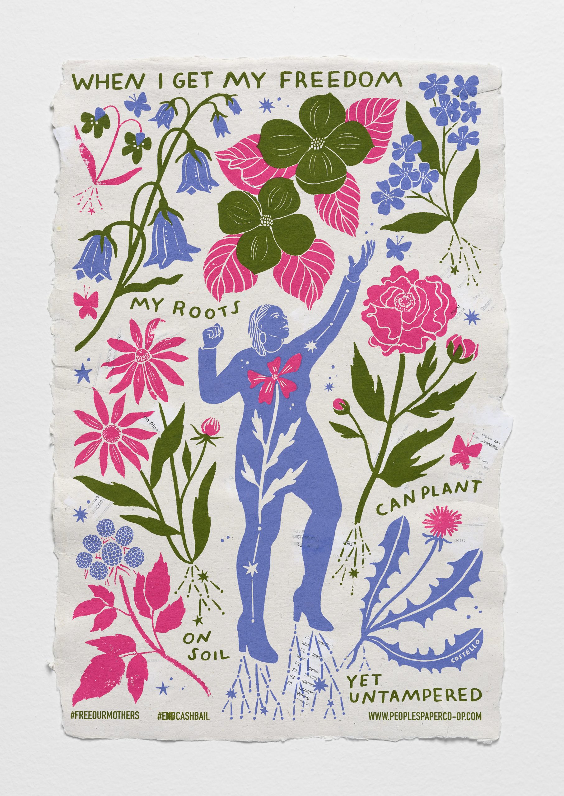 A female figure among purple, pink and green flowers and plants, screen printed on paper made from criminal records.The words 