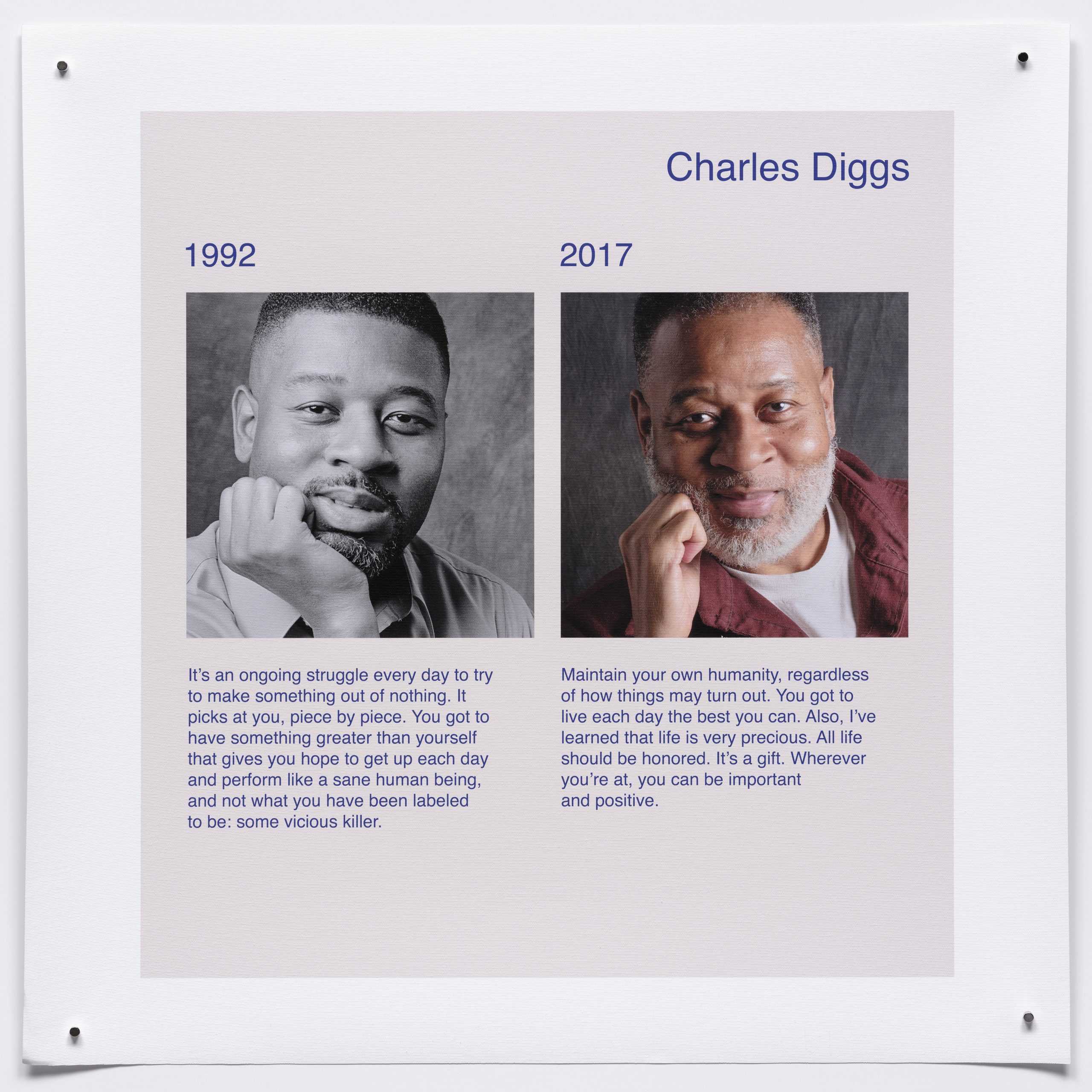 Two photographs side by side of Charles Diggs, taken in 1992 and 2017, one in black and white and the other in color. Diggs is Black and in both photos he is smiling warmly, resting his chin in his hand. Text statements appear beneath each photo.